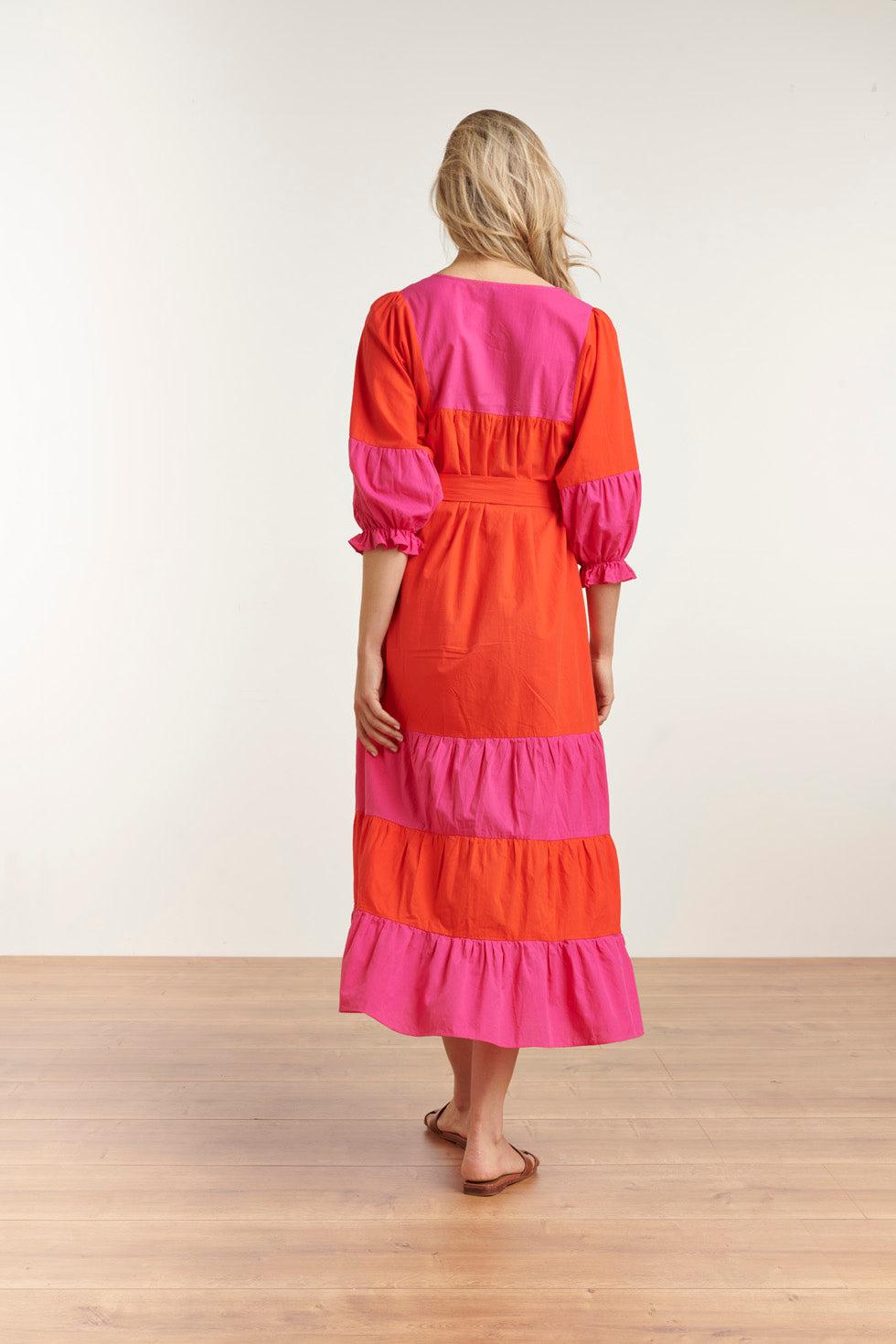 23059 Katoenen Color Block Jurktrendy Fuchsia Voor De Lente/Zomer | Orange-Fuchsia