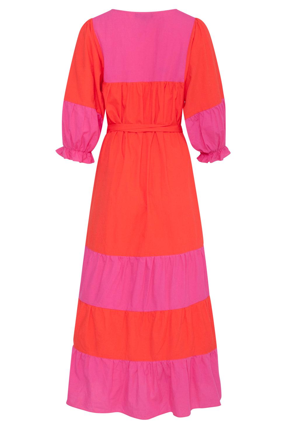 23059 Katoenen Color Block Jurktrendy Fuchsia Voor De Lente/Zomer | Orange-Fuchsia
