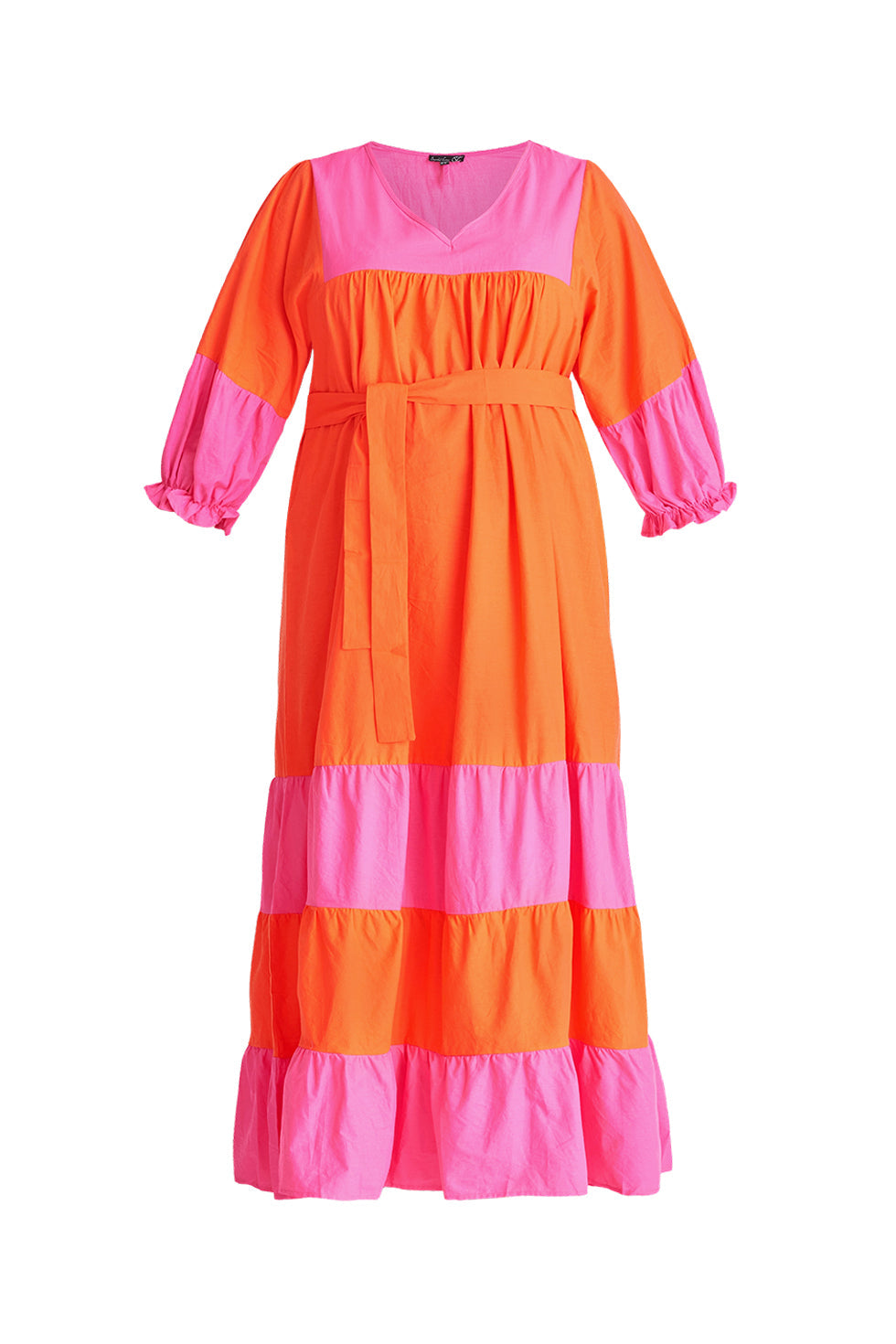 23059 Katoenen Color Block Jurktrendy Fuchsia Voor De Lente/Zomer | Orange-Fuchsia