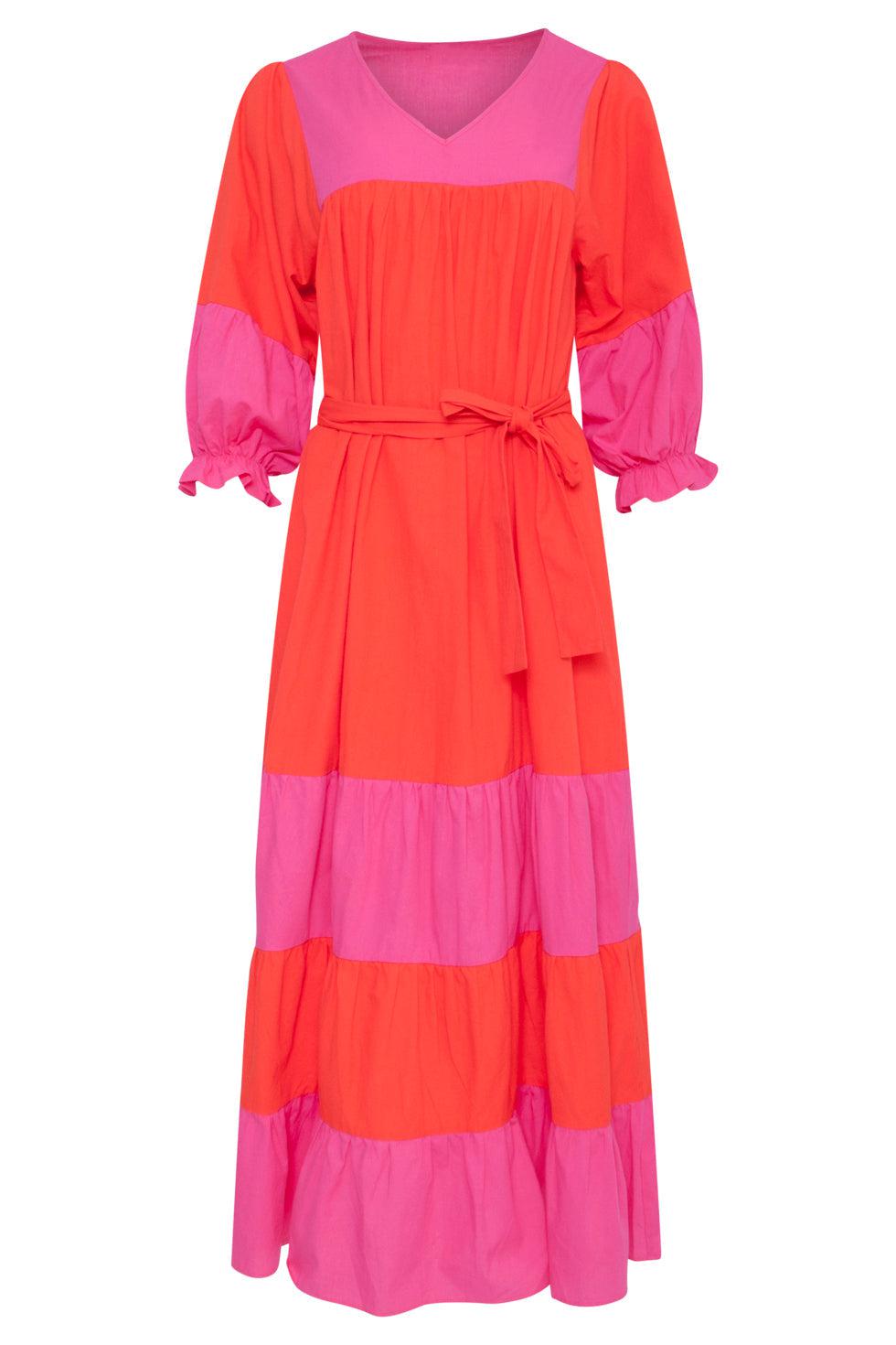 23059 Katoenen Color Block Jurktrendy Fuchsia Voor De Lente/Zomer | Orange-Fuchsia