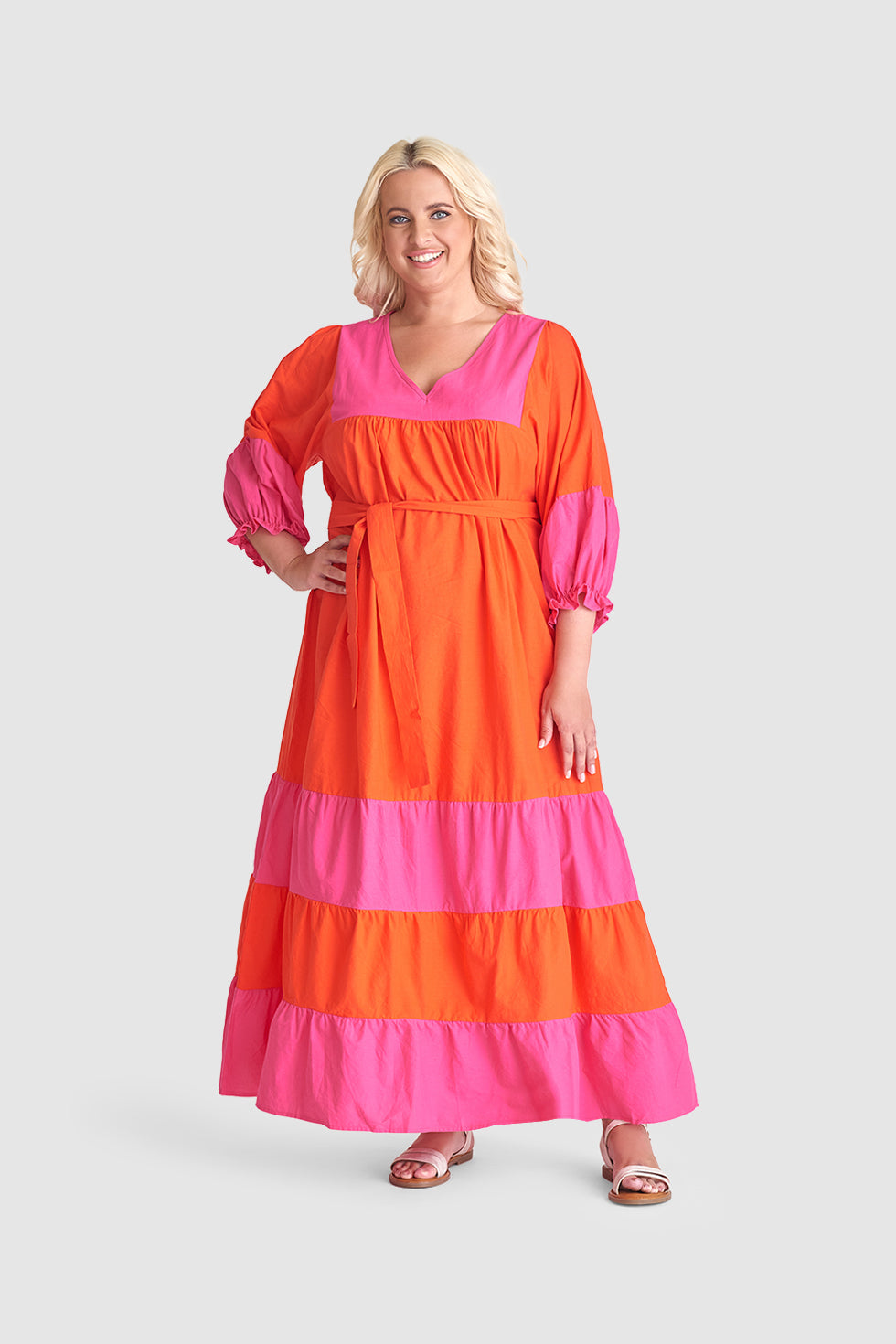 23059 Katoenen Color Block Jurktrendy Fuchsia Voor De Lente/Zomer | Orange-Fuchsia