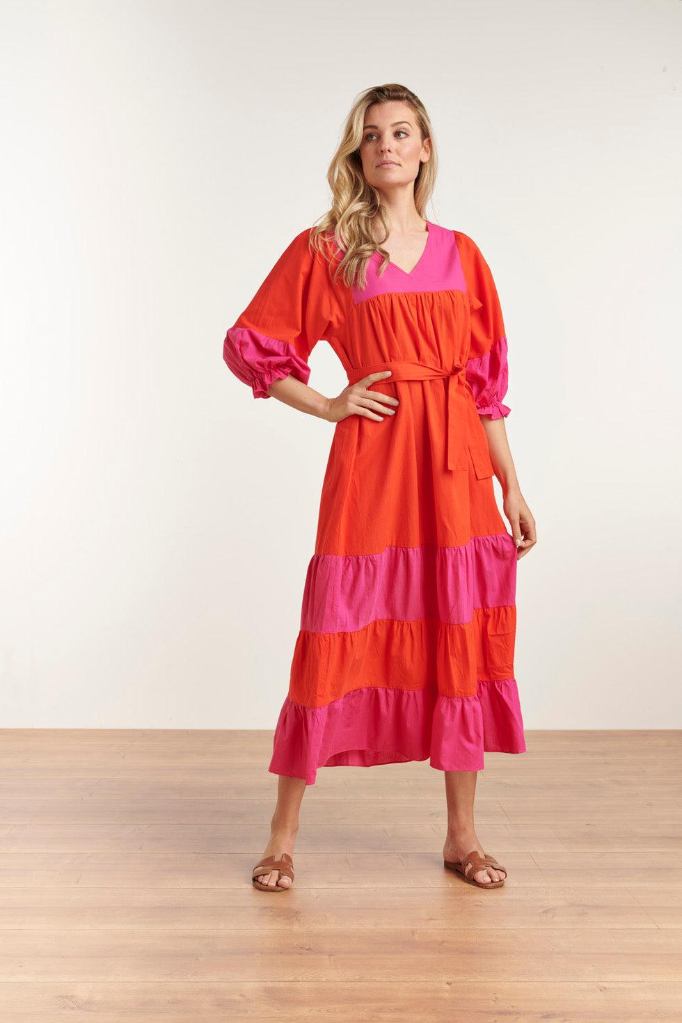 23059 Katoenen Color Block Jurktrendy Fuchsia Voor De Lente/Zomer | Orange-Fuchsia