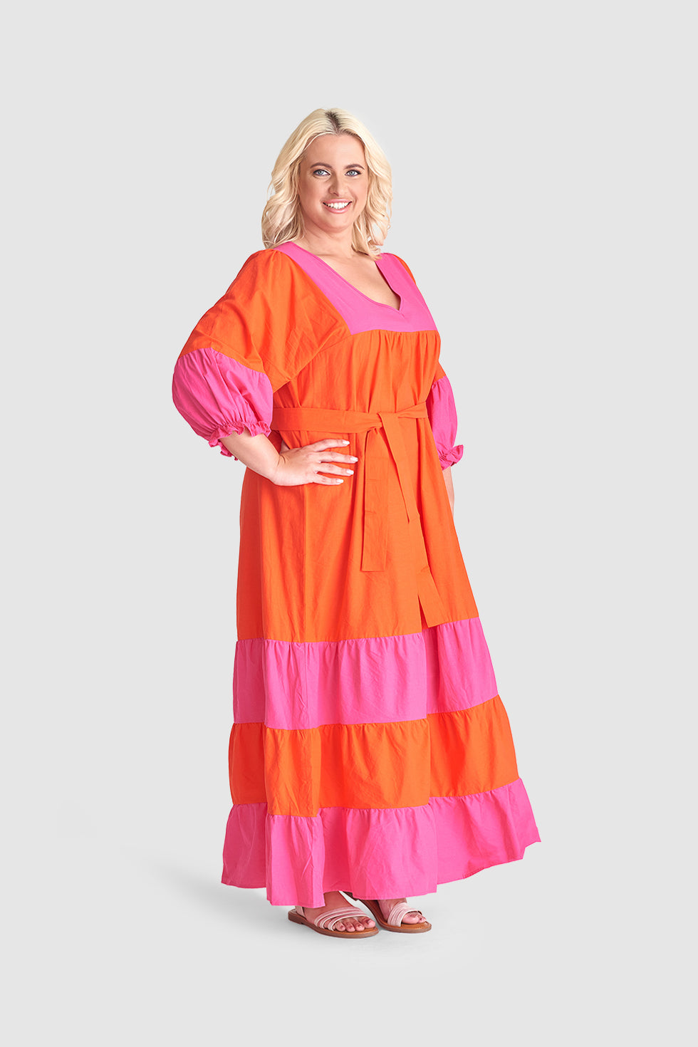 23059 Katoenen Color Block Jurktrendy Fuchsia Voor De Lente/Zomer | Orange-Fuchsia