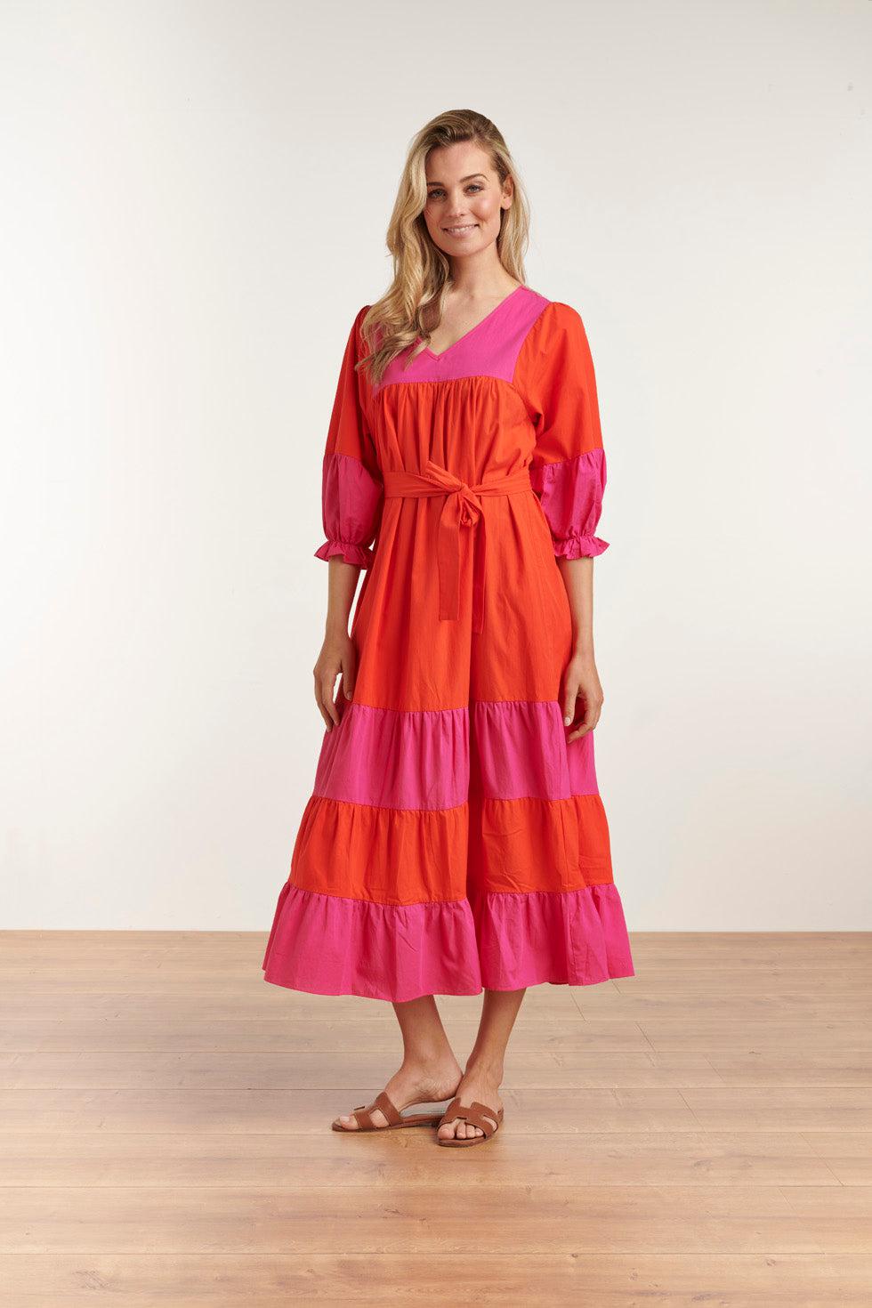 23059 Katoenen Color Block Jurktrendy Fuchsia Voor De Lente/Zomer | Orange-Fuchsia
