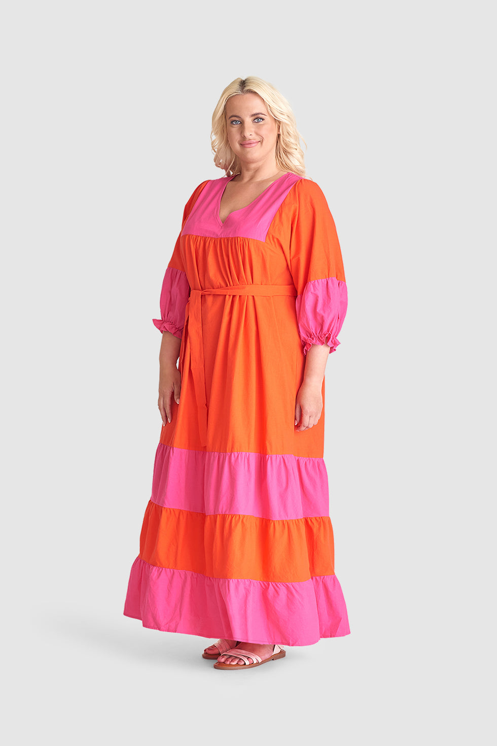 23059 Katoenen Color Block Jurktrendy Fuchsia Voor De Lente/Zomer | Orange-Fuchsia