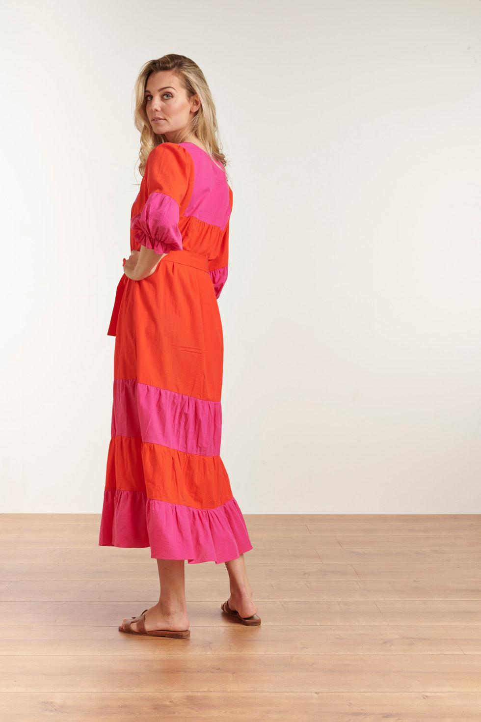23059 Katoenen Color Block Jurktrendy Fuchsia Voor De Lente/Zomer | Orange-Fuchsia