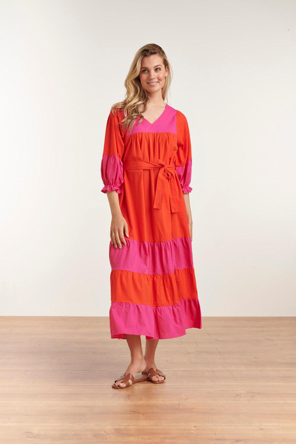 23059 Katoenen Color Block Jurktrendy Fuchsia Voor De Lente/Zomer | Orange-Fuchsia