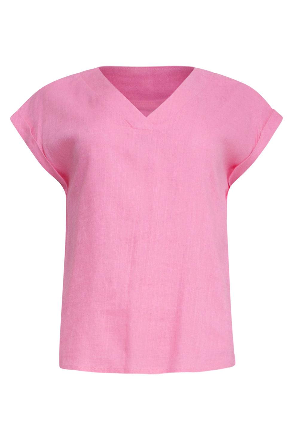23081-420 Casual Korte Opgerolde Mouw V Neckline Top | Pink