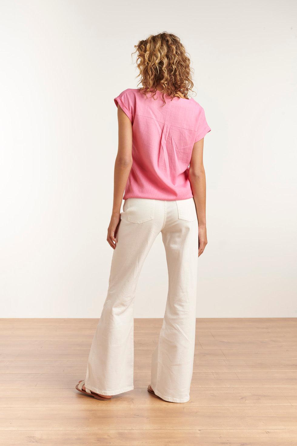 23081-420 Casual Korte Opgerolde Mouw V Neckline Top | Pink