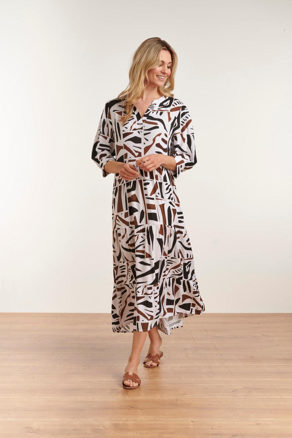 23087 Midi Jurk Met Abstracte Print- | Black-White
