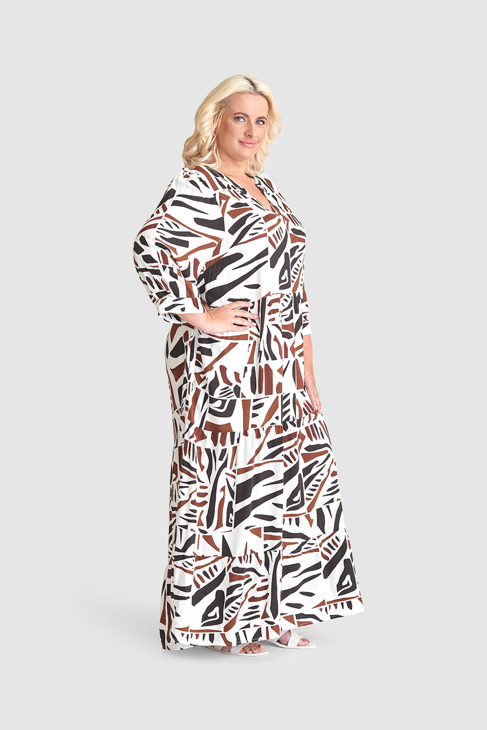 23087 Midi Jurk Met Abstracte Print- | Black-White