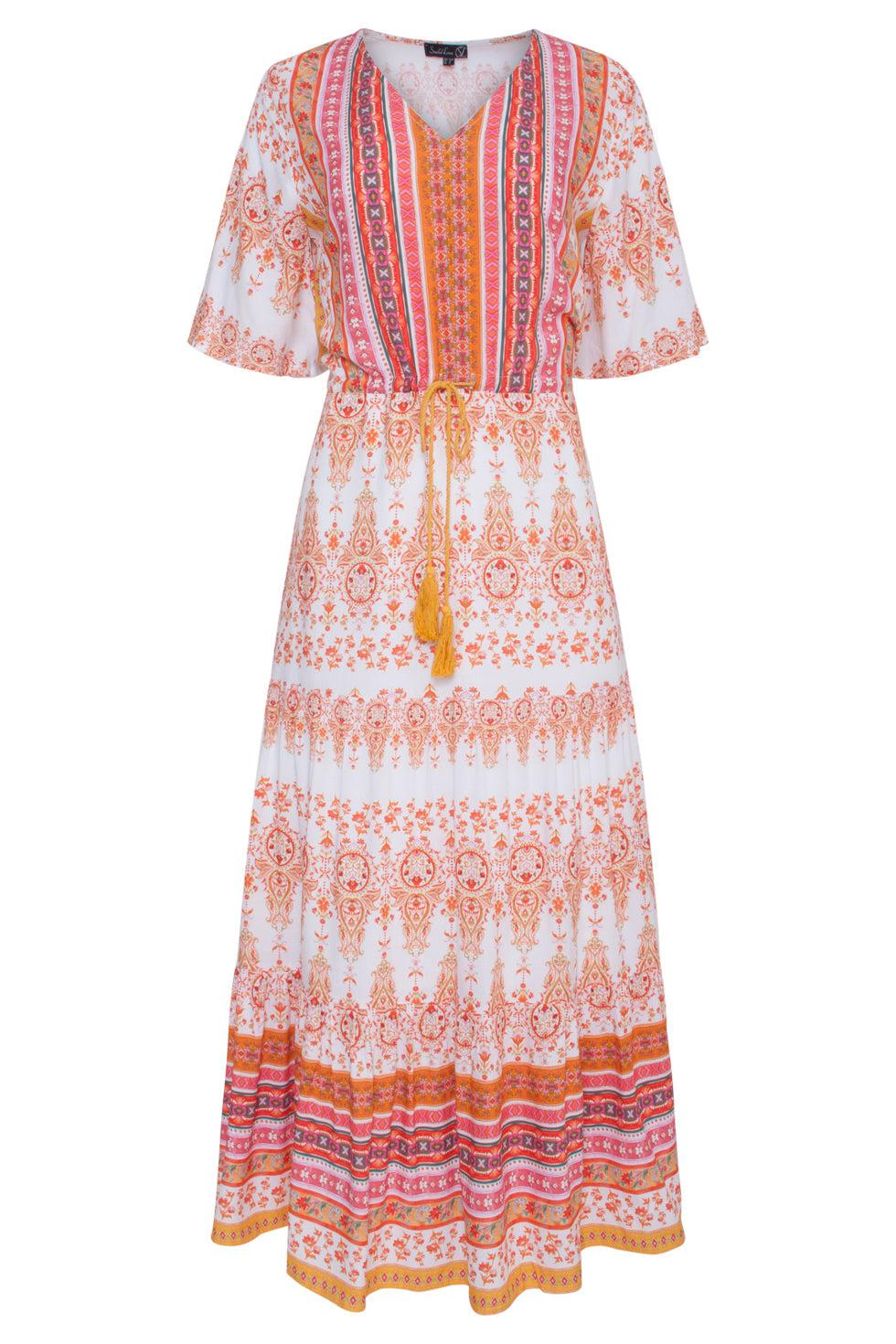 23094 Elegante Ornament Lange Maxi-Jurk | White-Multicolour