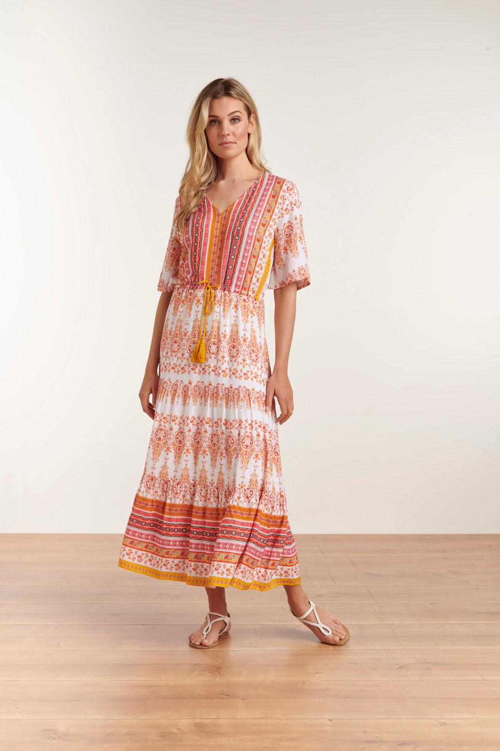 23094 Elegante Ornament Lange Maxi-Jurk | White-Multicolour