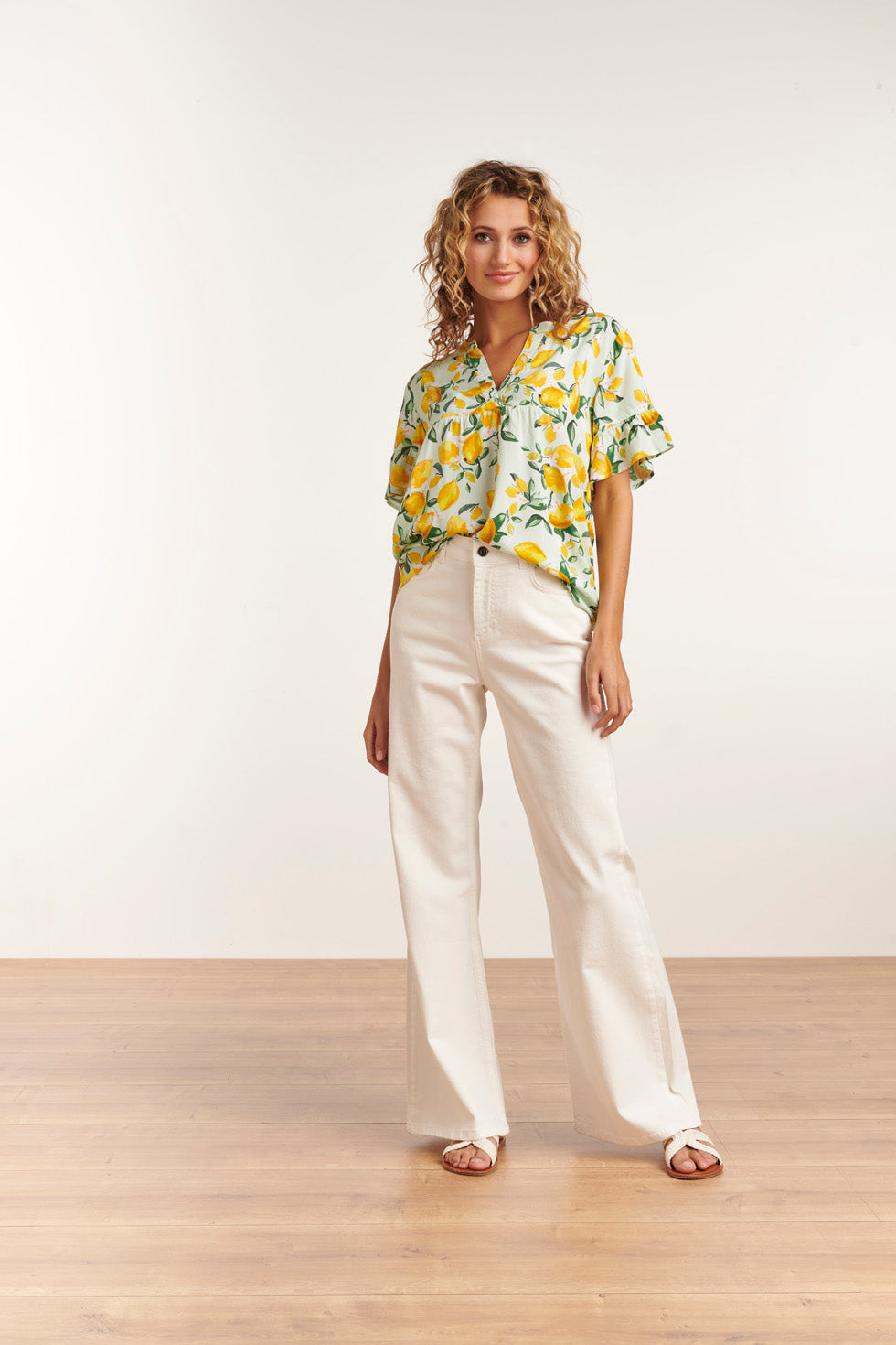 23095 Women'S Casual Summer Short Sleeve Citroen Printed Tops | Light Green-Yellow