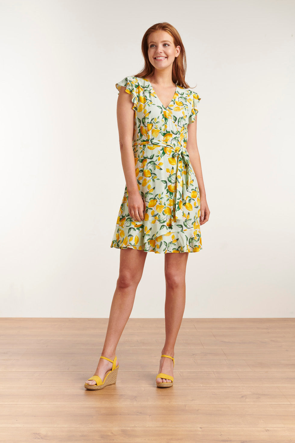 23096 Women'S Light Green And Yellow Short-Sleeves Dress | Light Green-Yellow