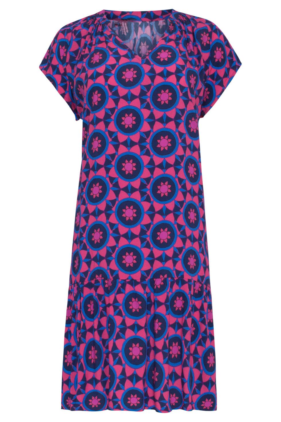 23102 Stijlvol Losvallend Jurkje Met A-Lijnzwierige Onderkant - Abstracte Print Fuchsia/ | Fuchsia-Blue