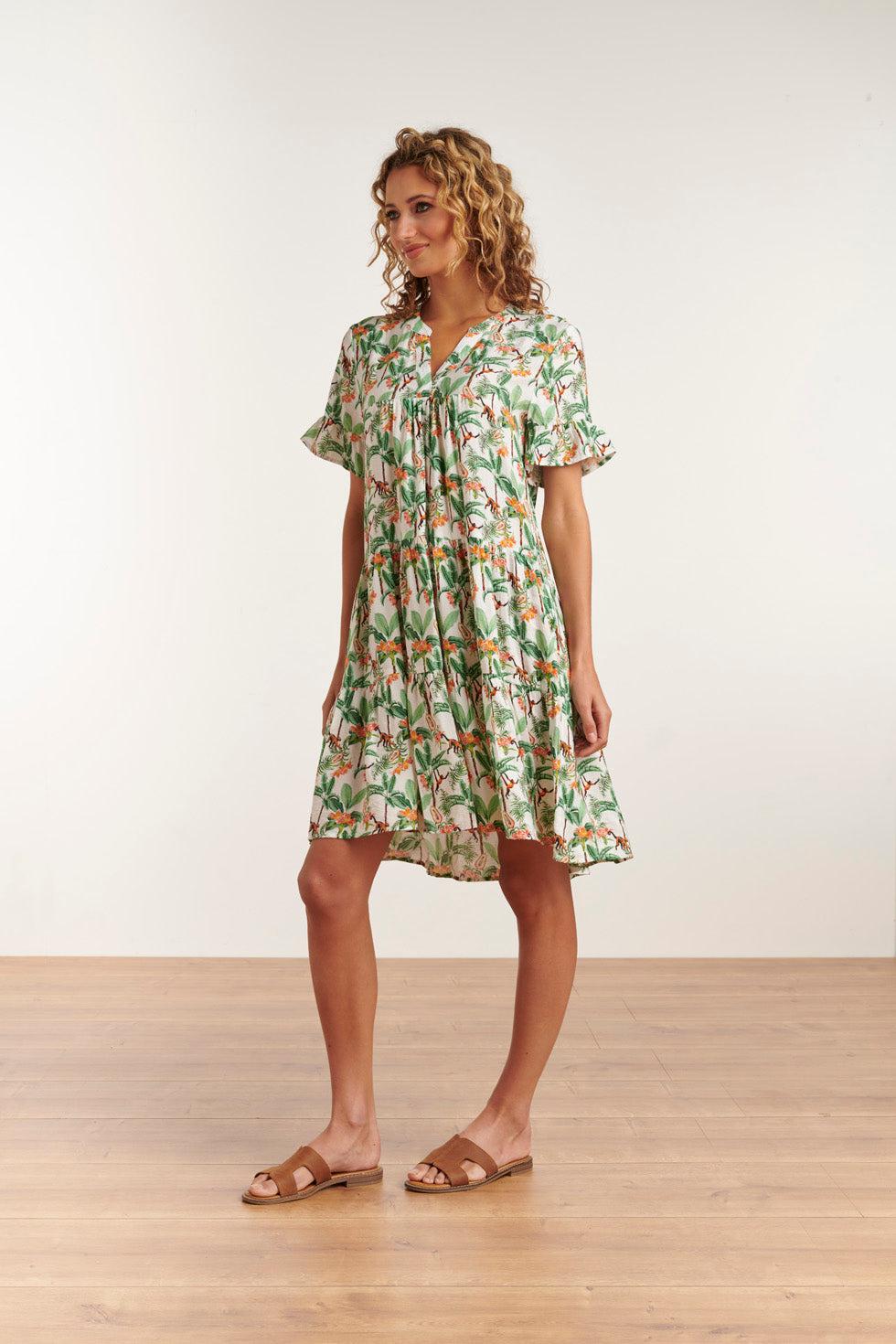 23104 Vrouwen Vintage Strandbloem Jurk Met Korte Mouwen | White-Multicolour