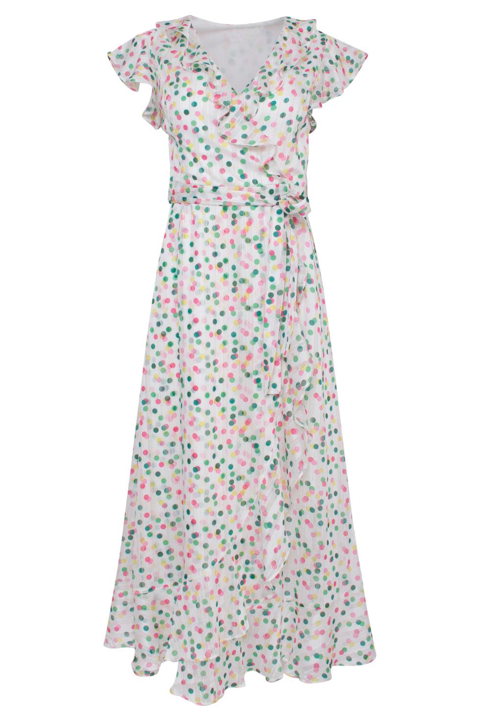 23106 Stippenpracht Getailleerde Maxi Jurk Met V-Hals | White-Multicolour