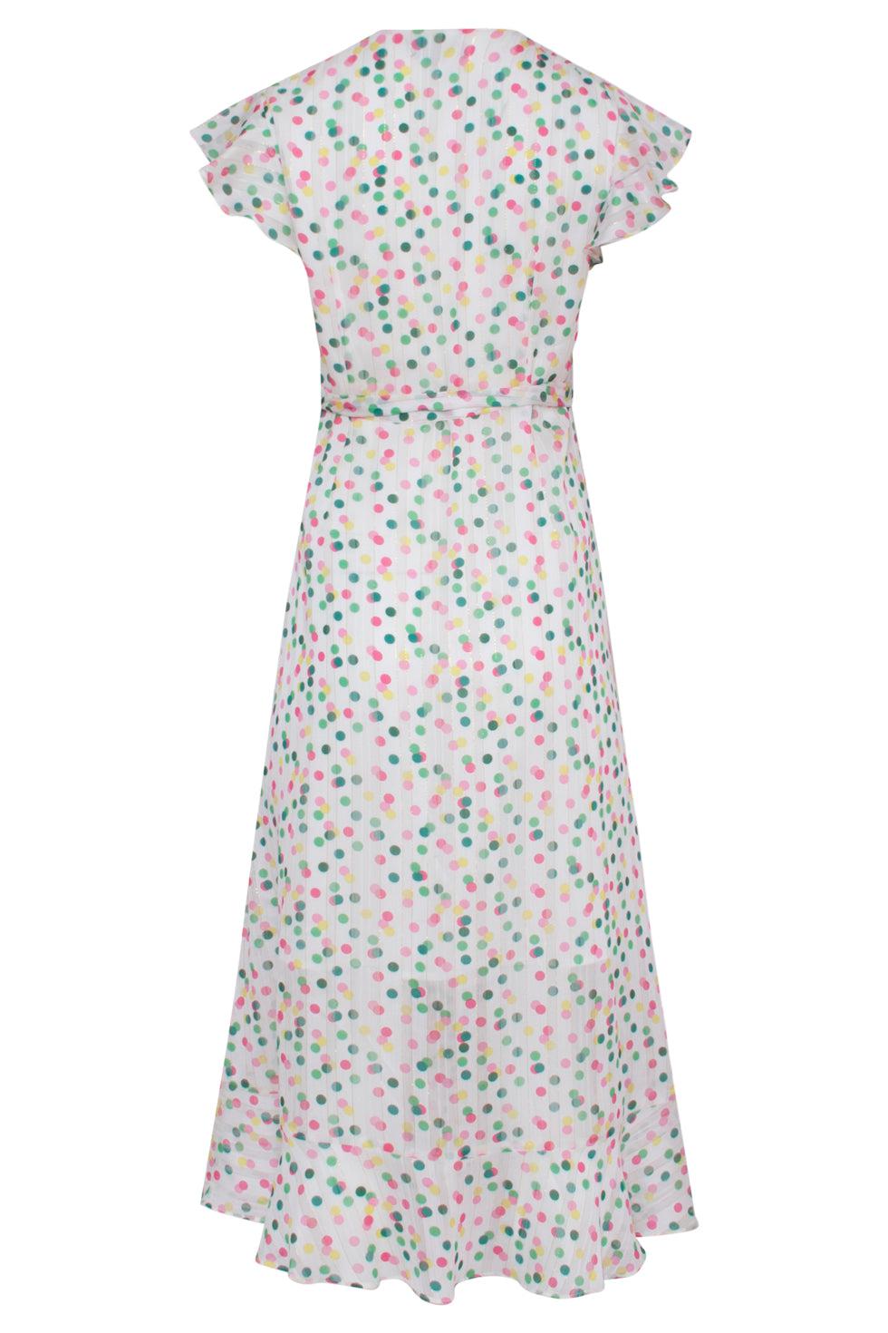 23106 Stippenpracht Getailleerde Maxi Jurk Met V-Hals | White-Multicolour