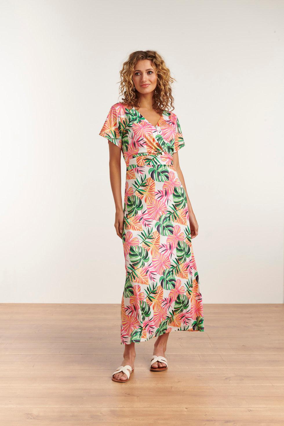 23108 Boho Korte Mouwen Zomer Maxi Jurk | White - Muticolour