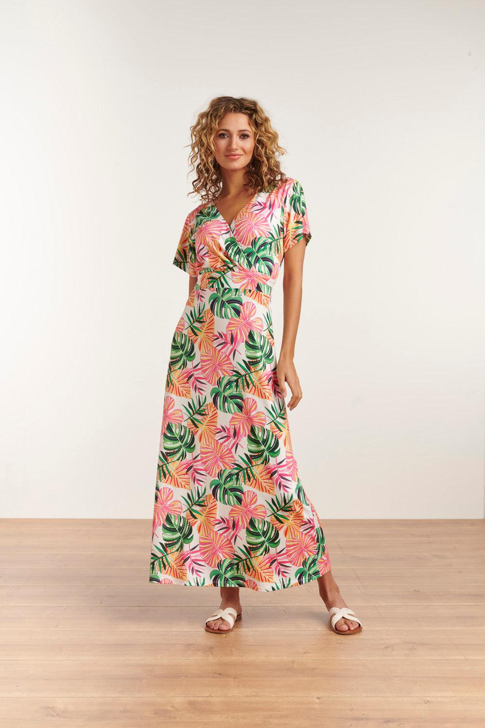 23108 Boho Korte Mouwen Zomer Maxi Jurk | White - Muticolour