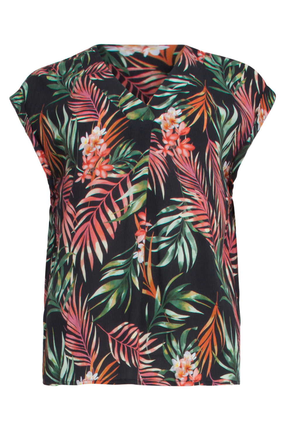 23111 Women's Summer Short-Sleeve V-Neck Printed Tops | Black - Muticolour