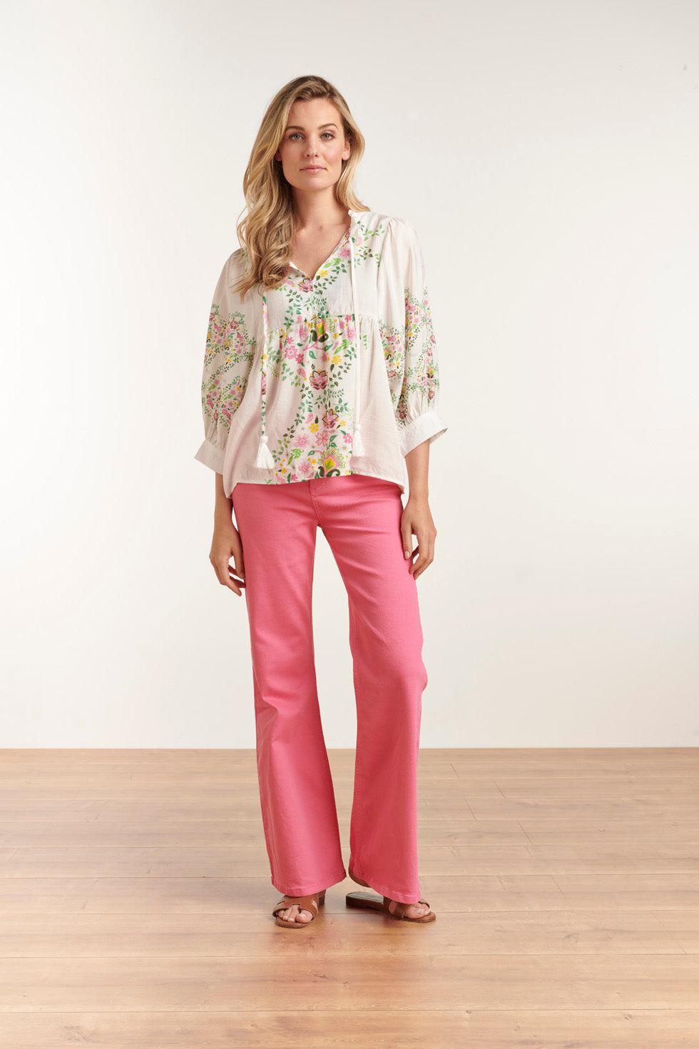 23128 Vrouwen Longsleeve Abstract Print Los Vallende Top | White - Muticolour