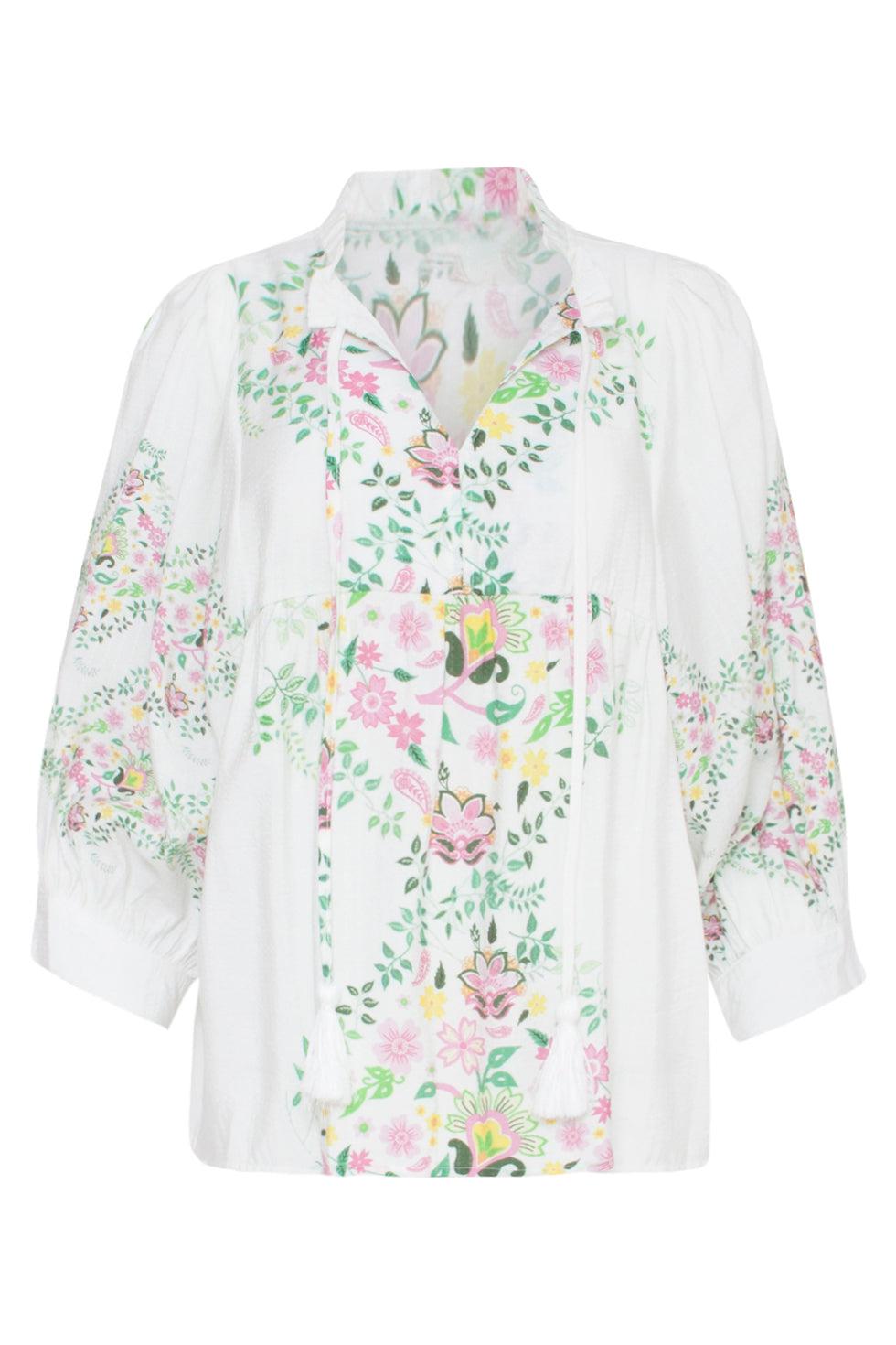 23128 Vrouwen Longsleeve Abstract Print Los Vallende Top | White-Multicolour