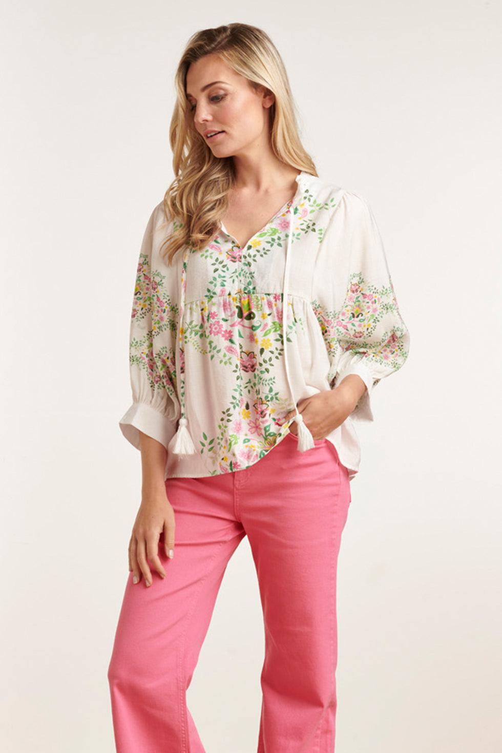 23128 Vrouwen Longsleeve Abstract Print Los Vallende Top | White-Multicolour