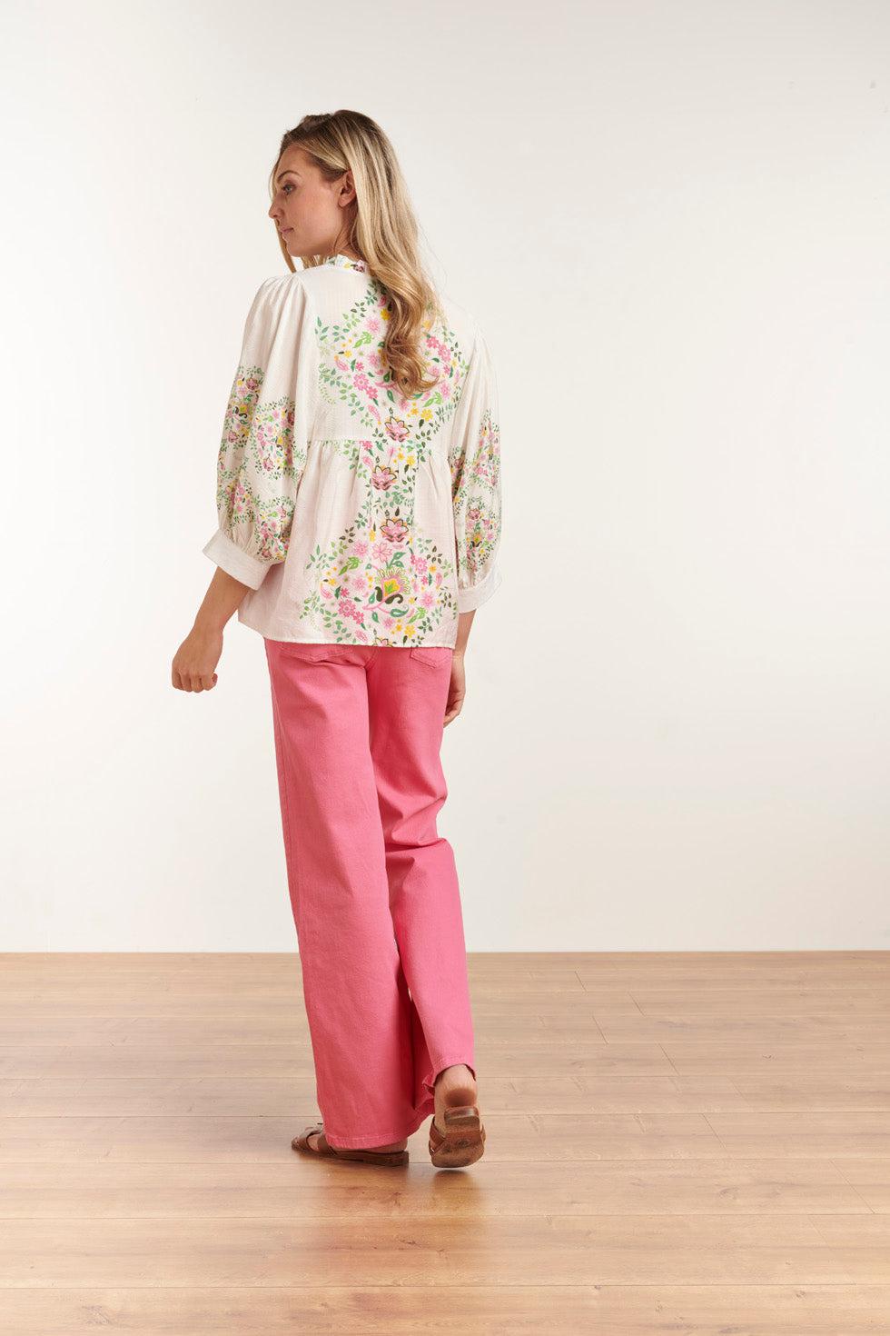 23128 Vrouwen Longsleeve Abstract Print Los Vallende Top | White-Multicolour