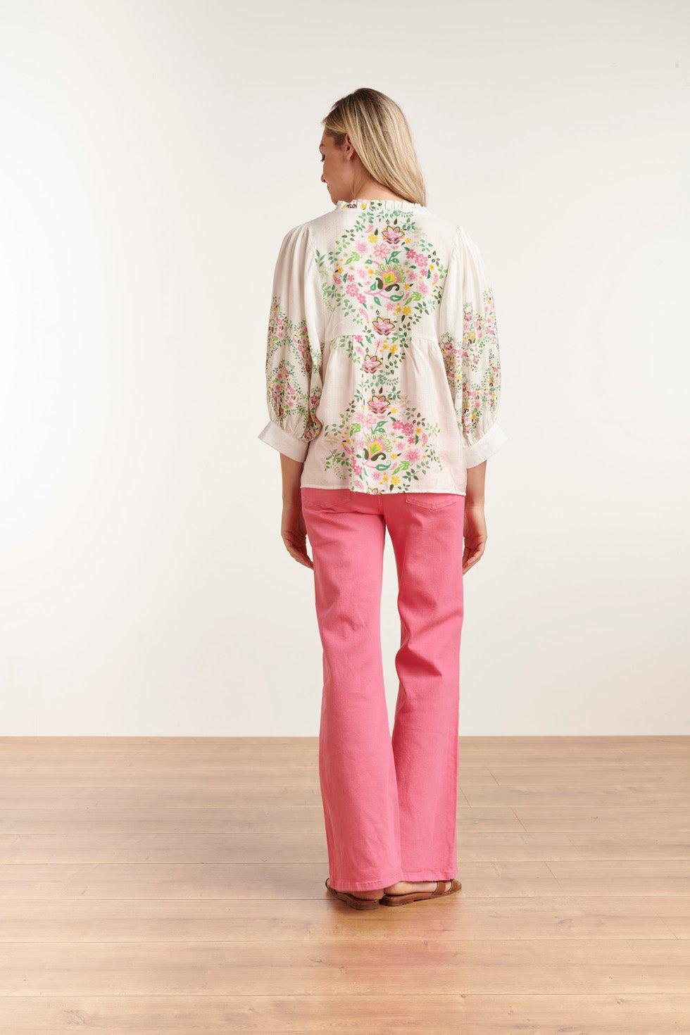 23128 Vrouwen Longsleeve Abstract Print Los Vallende Top | White-Multicolour