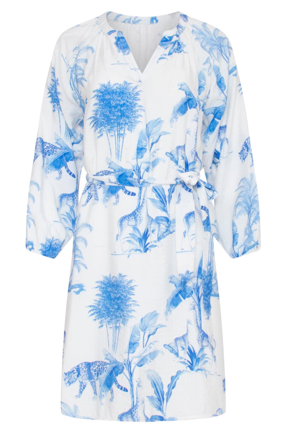 23135 White And Blue Jungle Printed Women'S Mini Dress | White-Blue