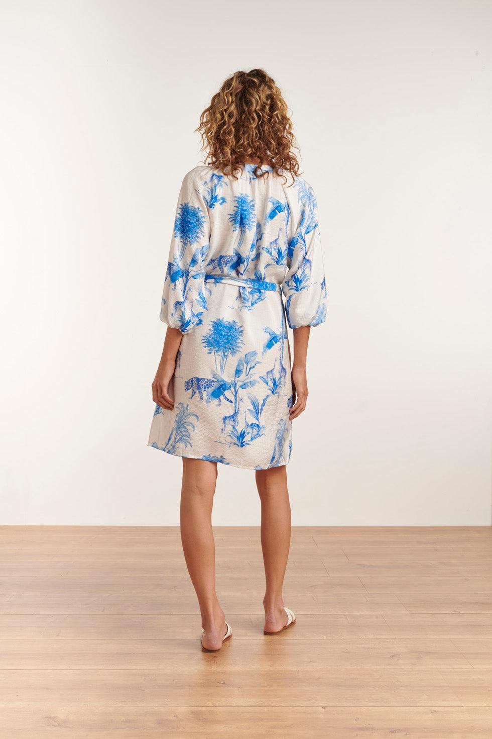 23135 White And Blue Jungle Printed Women'S Mini Dress | White-Blue