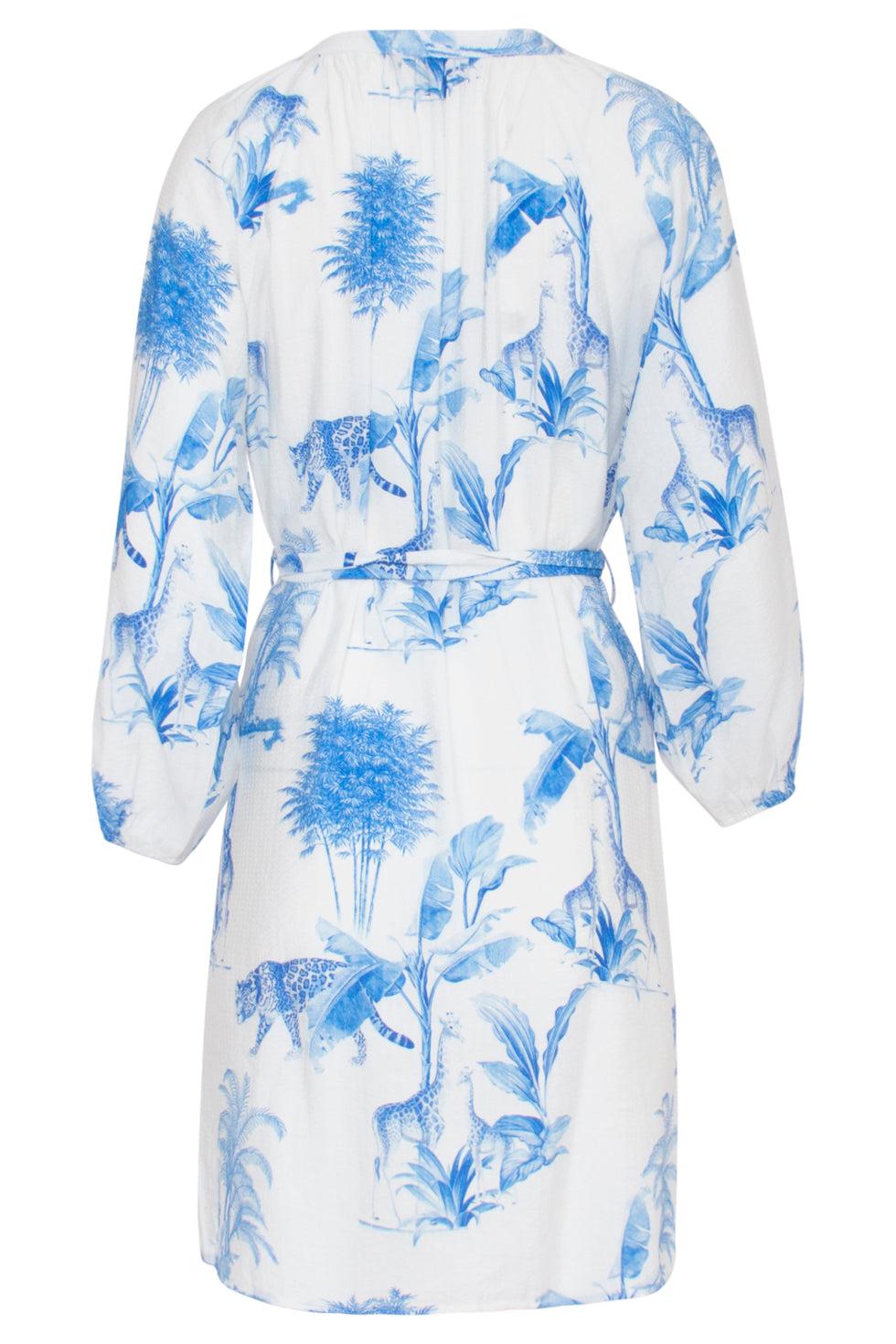 23135 White And Blue Jungle Printed Women'S Mini Dress | White-Blue