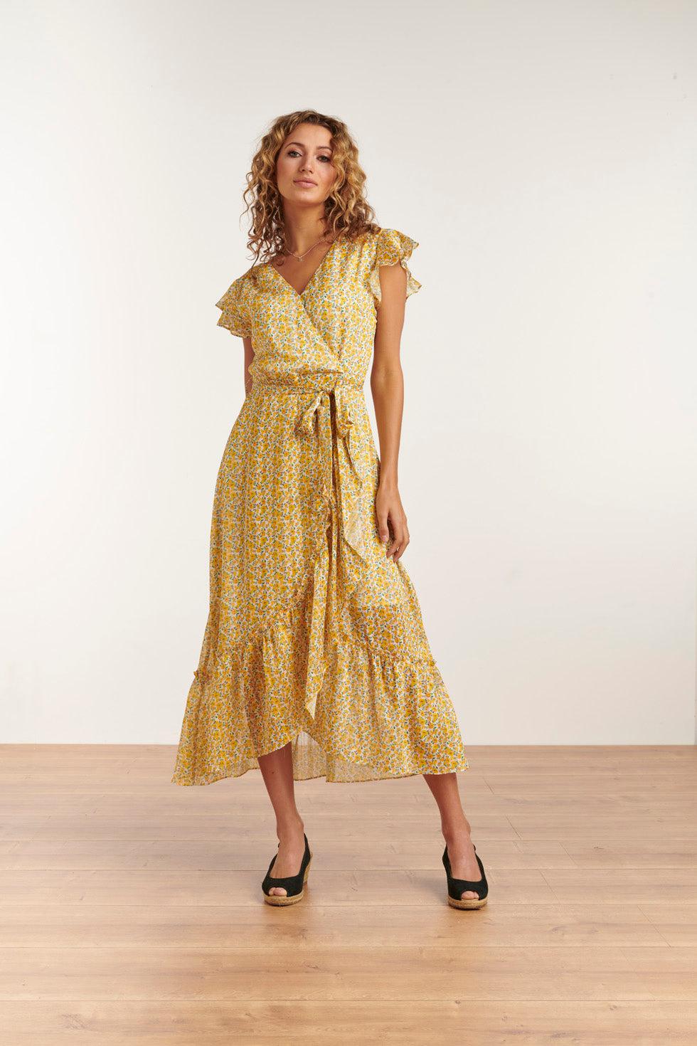 23138 Maxi Jurk Met Bloemenprintgetailleerde Pasvorm- | White-Yellow