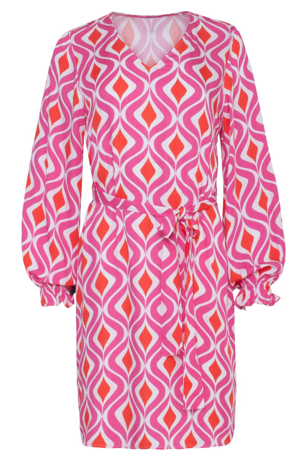 23140 Retro Zomerjurk Met Grafische Print | White-Fuchsia