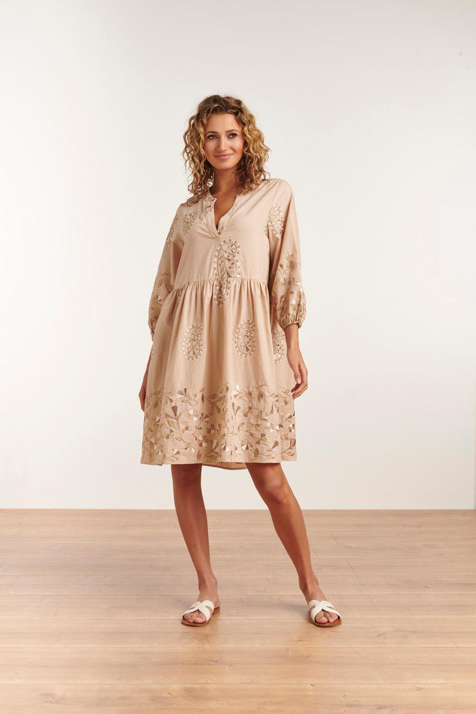 23146 Jurk Embroydery Paisley 100% Katoen Boho Style | Sand-White