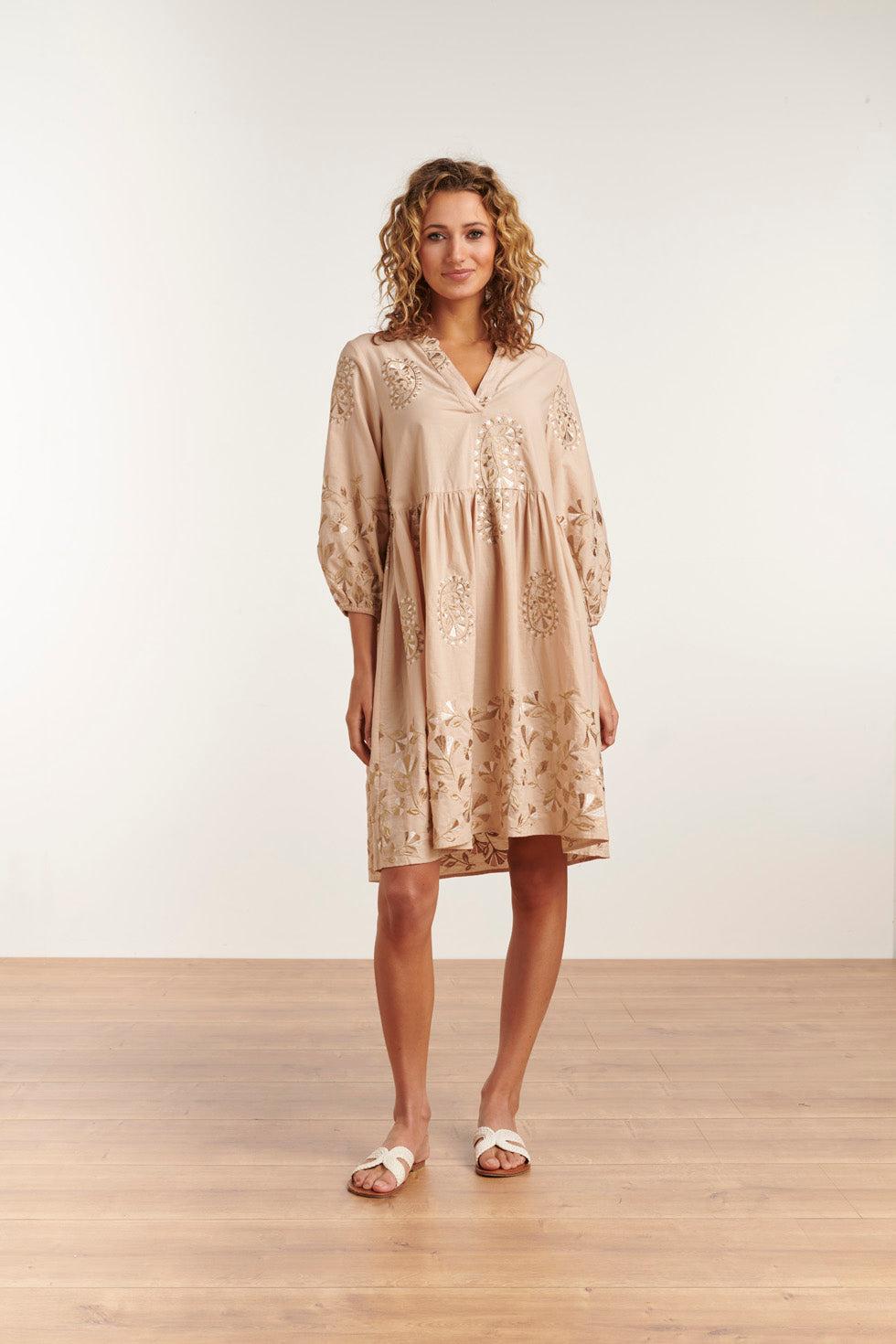 23146 Jurk Embroydery Paisley 100% Katoen Boho Style | Sand-White