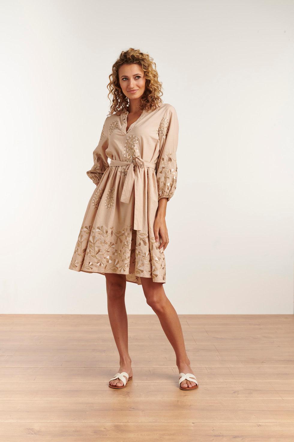23146 Jurk Embroydery Paisley 100% Katoen Boho Style | Sand-White