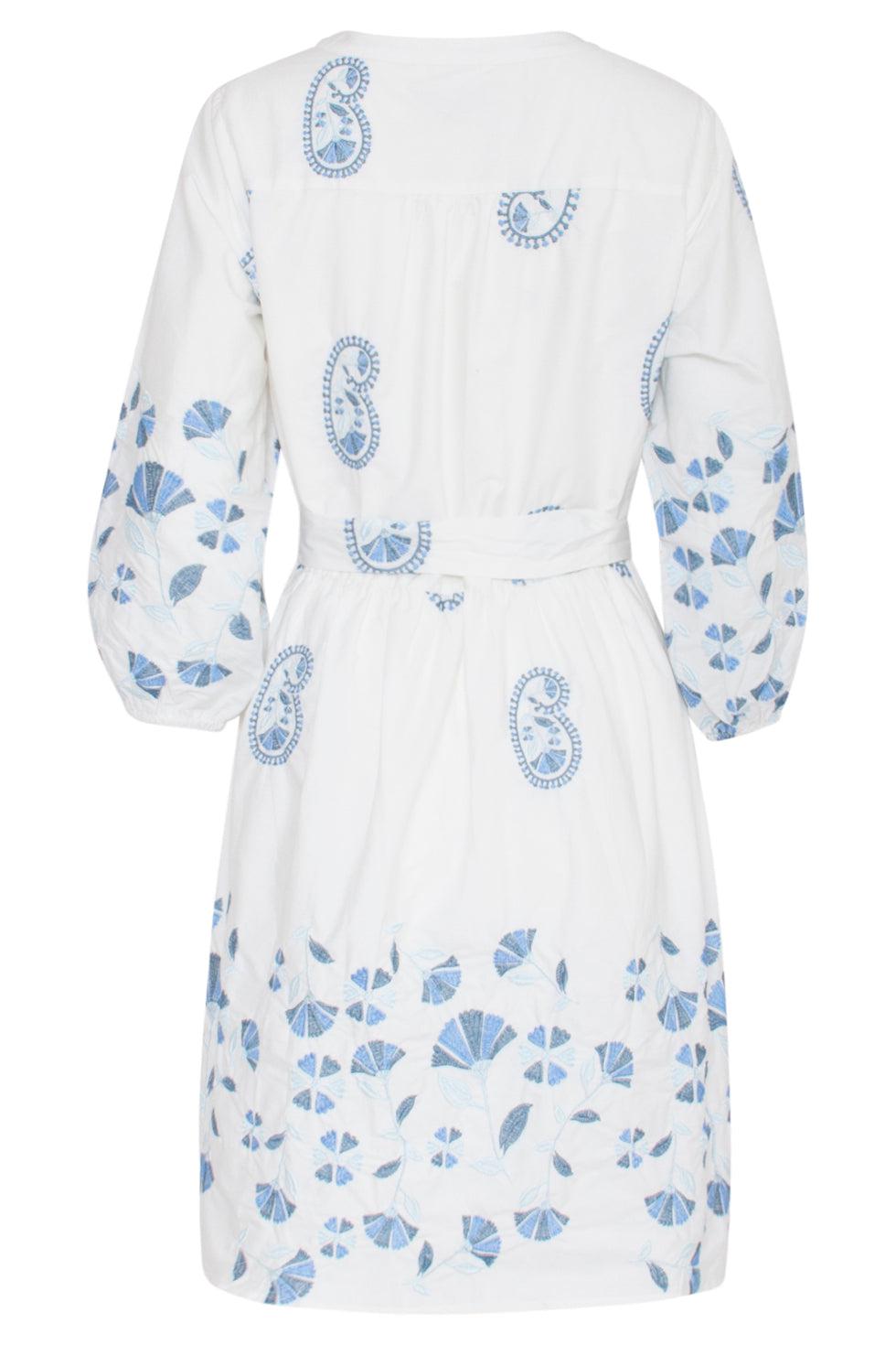 23147 Luxe Paisley Embroidery Jurk Met Ceintuur 100% Katoen | White-Blue
