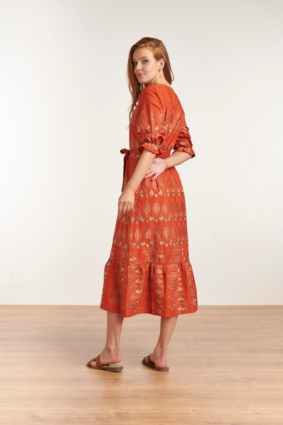 23149 Women'S Puff Sleeve Brique-Sand Color Maxi Dress