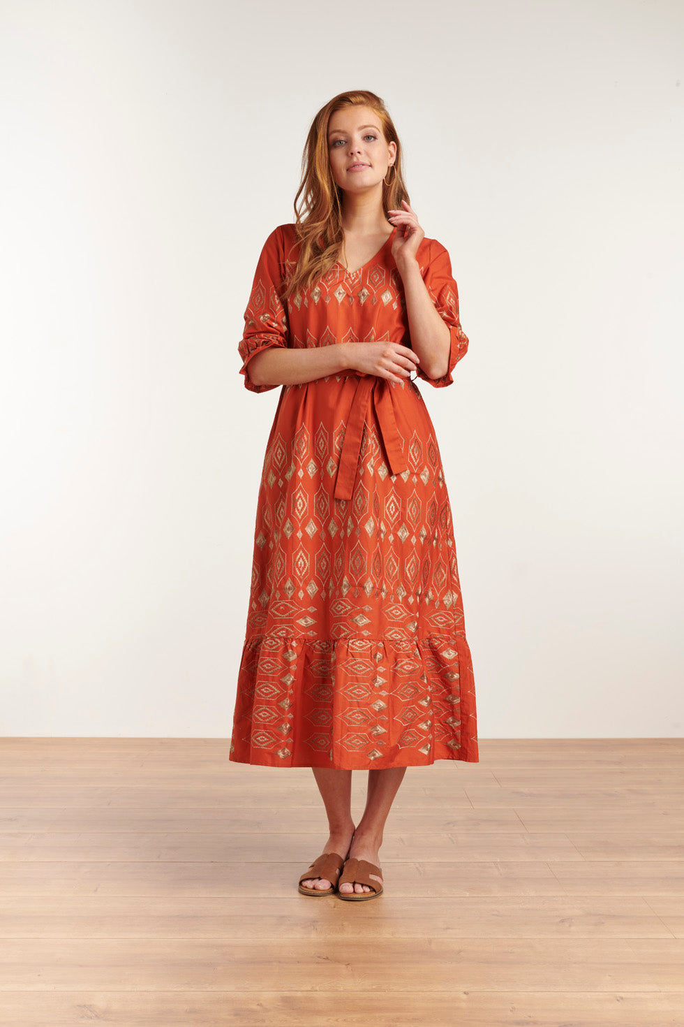 23149 Women'S Puff Sleeve Brique-Sand Color Maxi Dress
