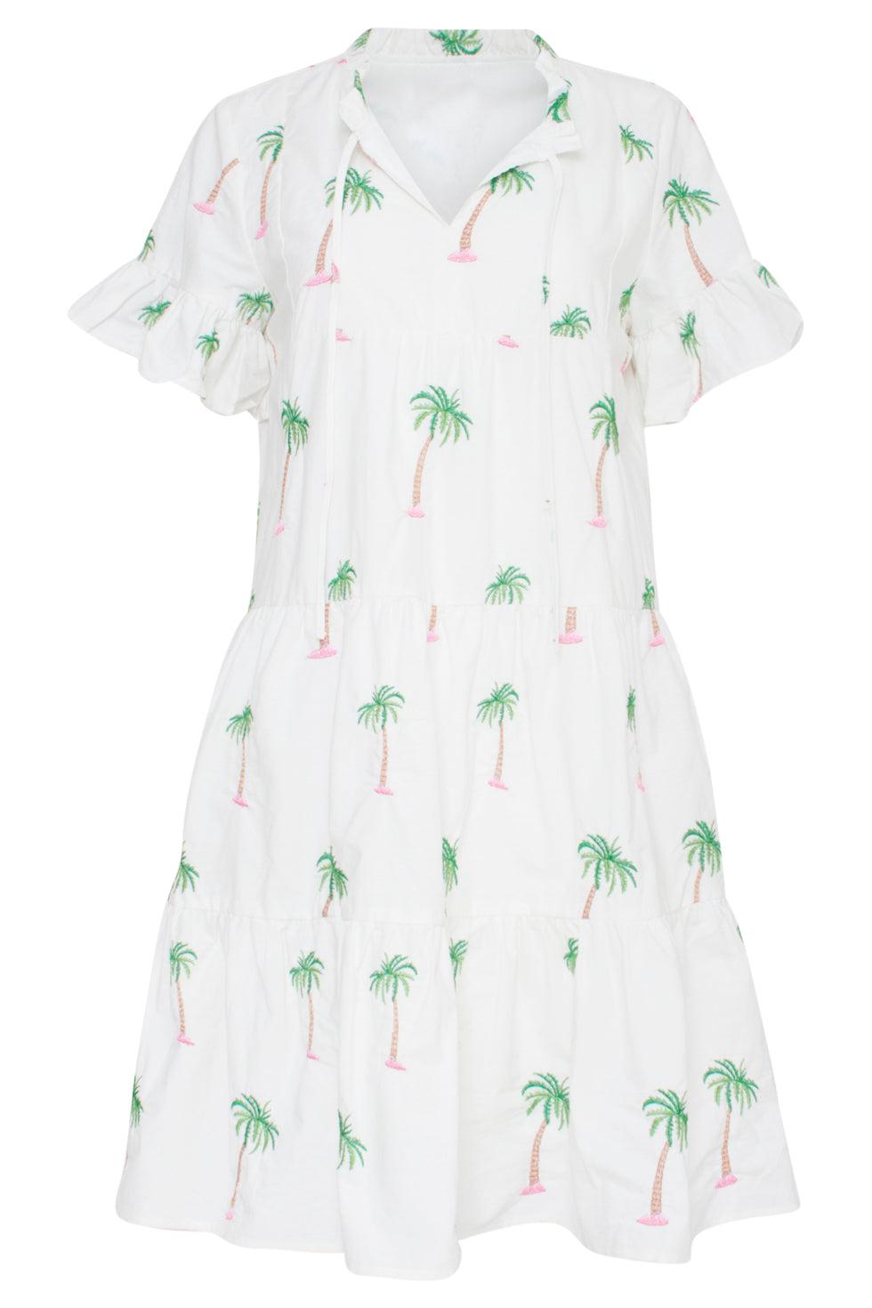 23151 Te Palmboom Mini Jurk Met Losvallende Pasvorm Accenten | White-Green