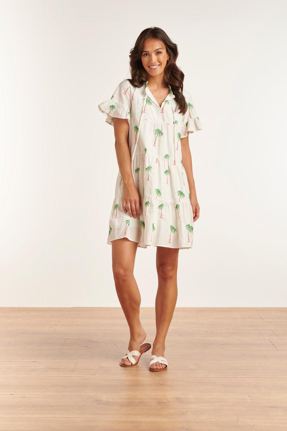 23151 Te Palmboom Mini Jurk Met Losvallende Pasvorm Accenten | White-Green