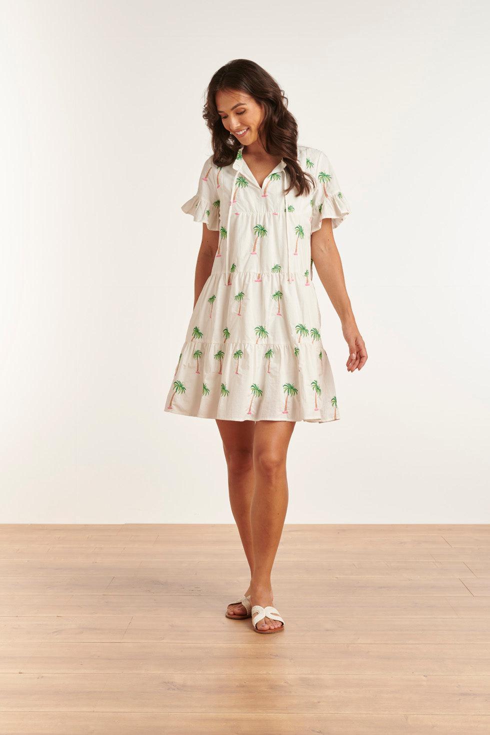 23151 Te Palmboom Mini Jurk Met Losvallende Pasvorm Accenten | White-Green