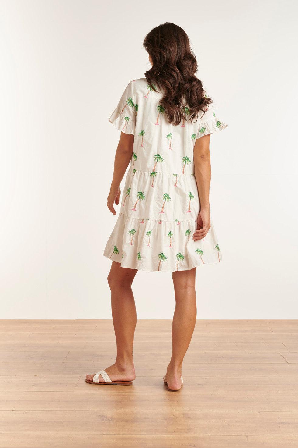 23151 Te Palmboom Mini Jurk Met Losvallende Pasvorm Accenten | White-Green