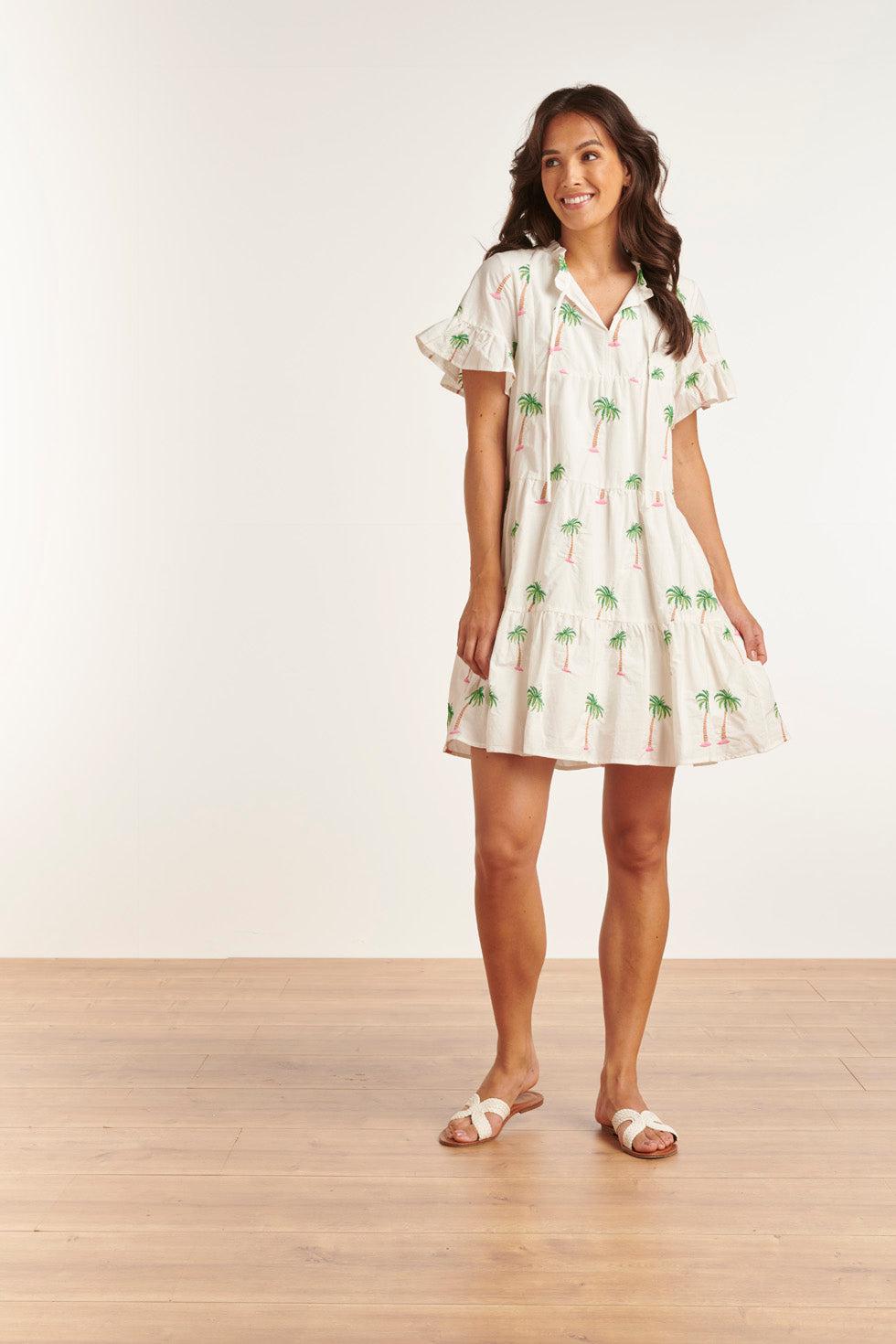 23151 Te Palmboom Mini Jurk Met Losvallende Pasvorm Accenten | White-Green