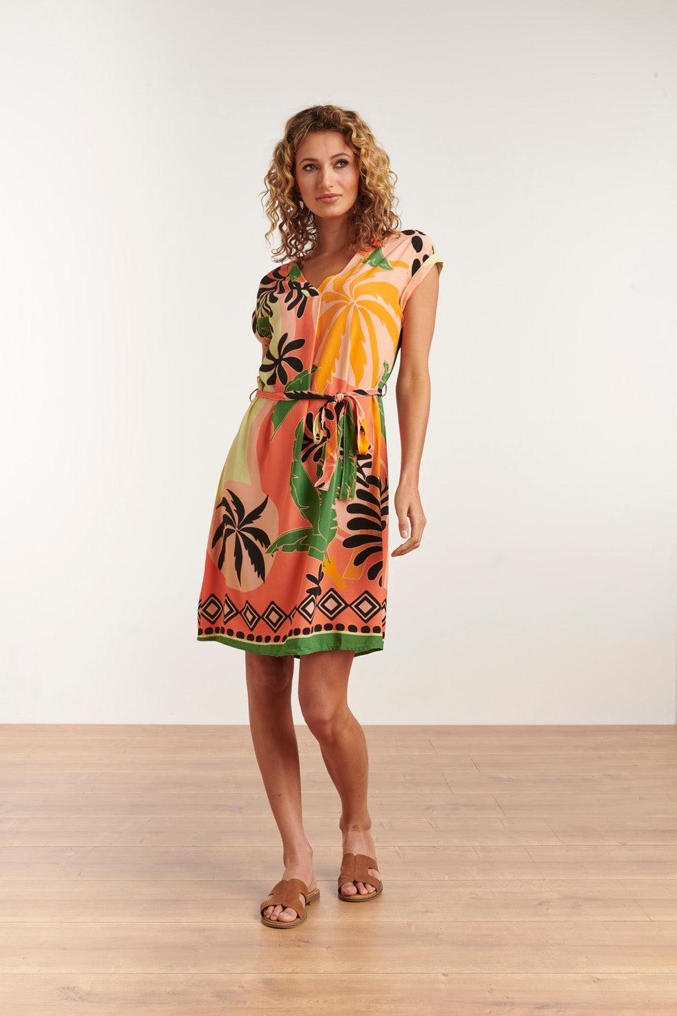 23158-Casual Losse Pasvorm Jurkmooie Print | Coral-Multicolour