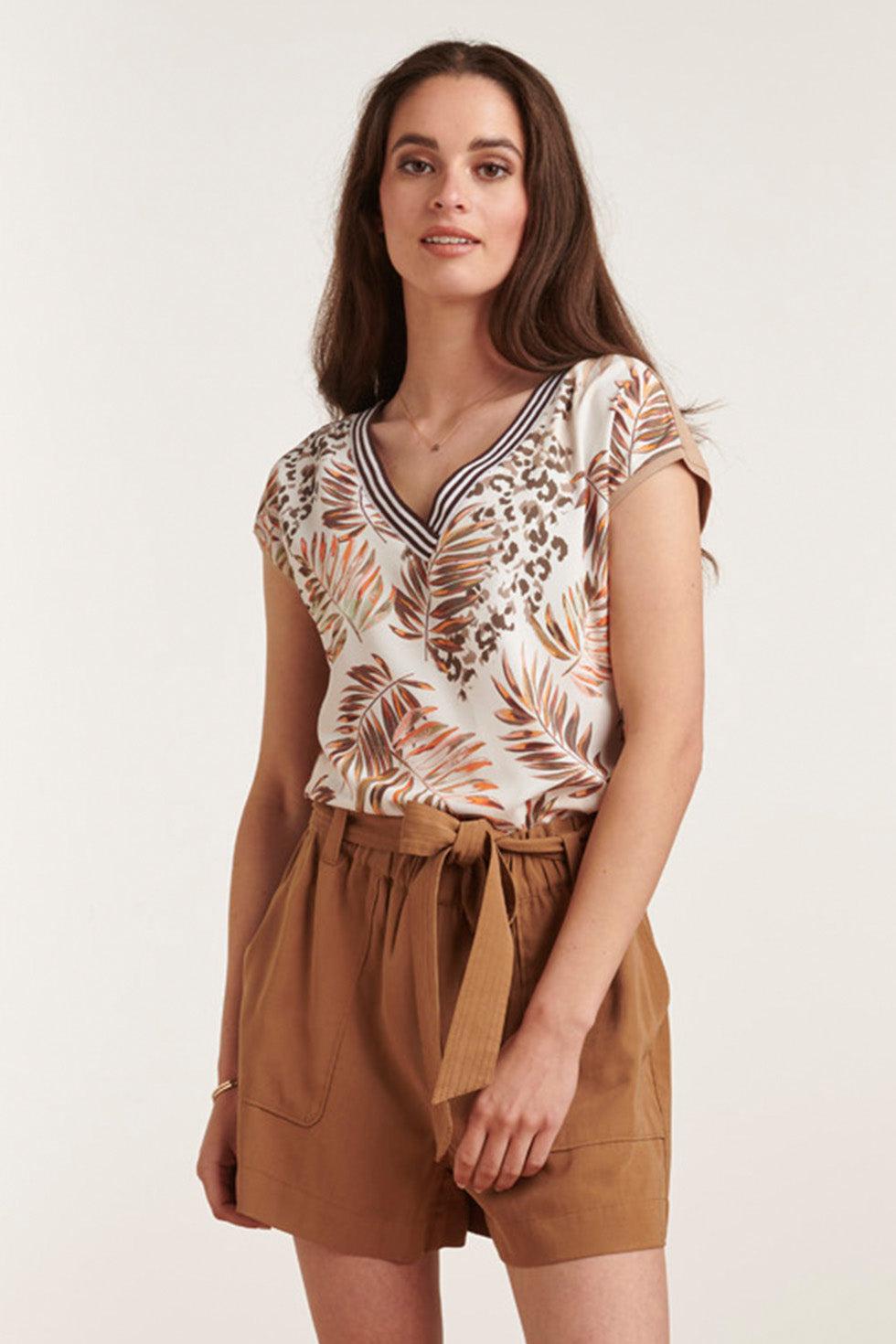 23161 Hoogwaardige Bladprint Losse Tuniek Top | Sand-Multicolour