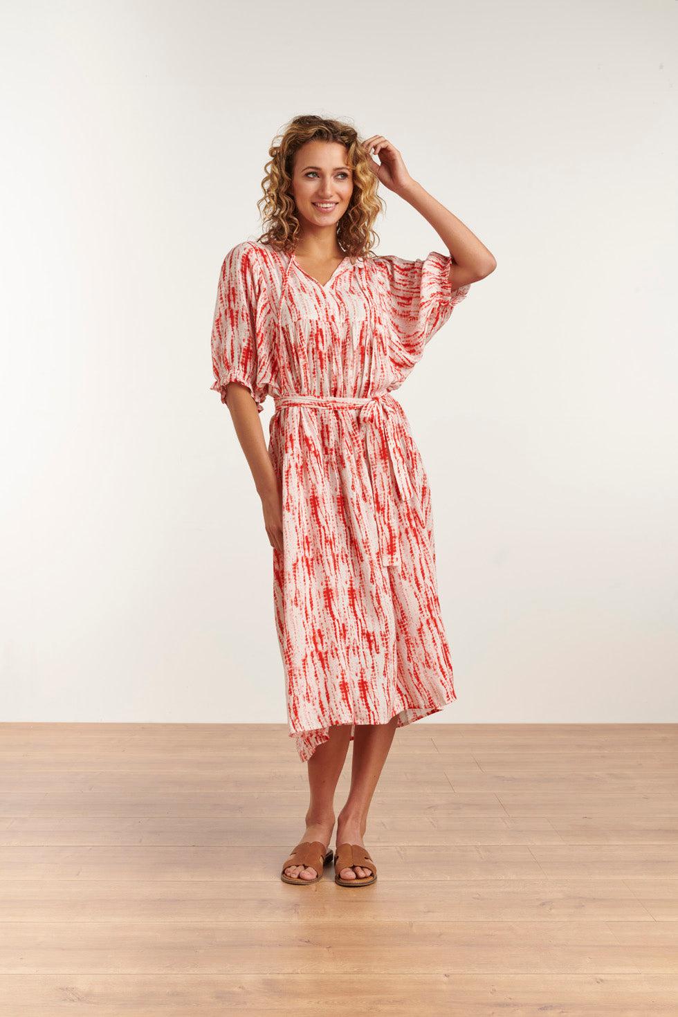 23177 Women Florette Coral Printed Belted Maxi Dress